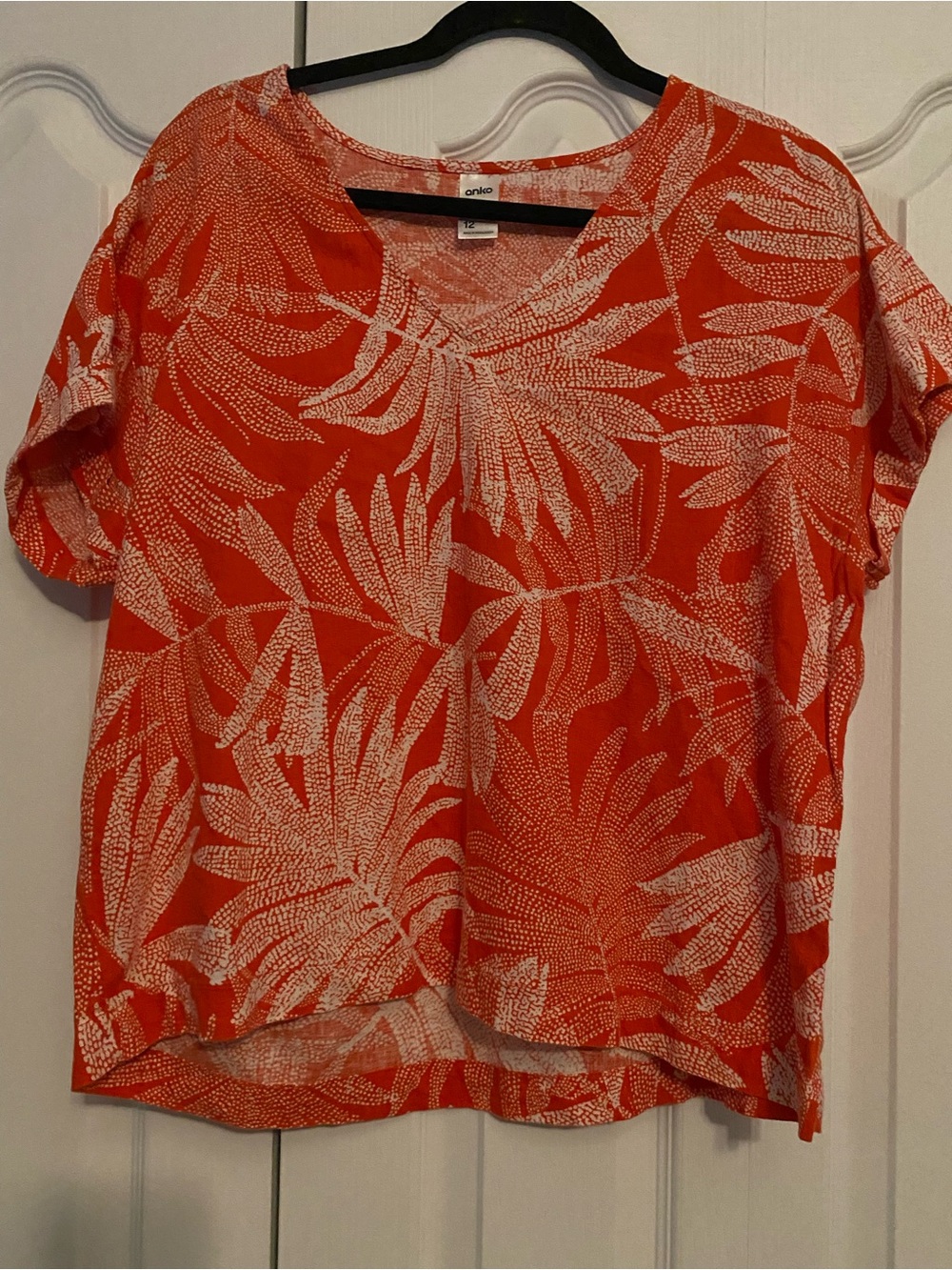 Women's V-Neck Orange Tropical Print Linen blend Short Sleeve Top